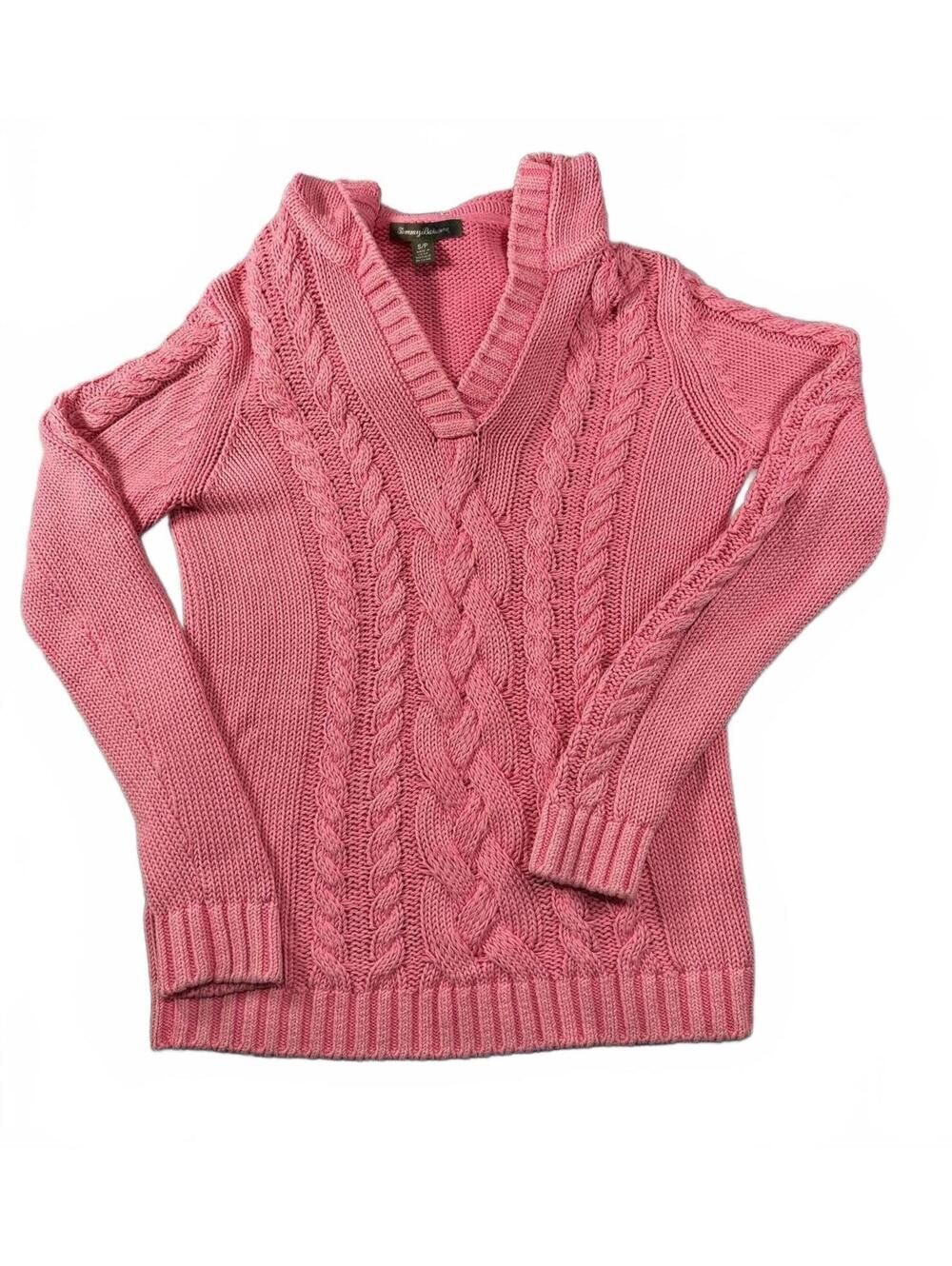 Tommy Bahama Pink Cable Knit Hooded Sweater Womens Small 100% Cotton Preppy Cozy